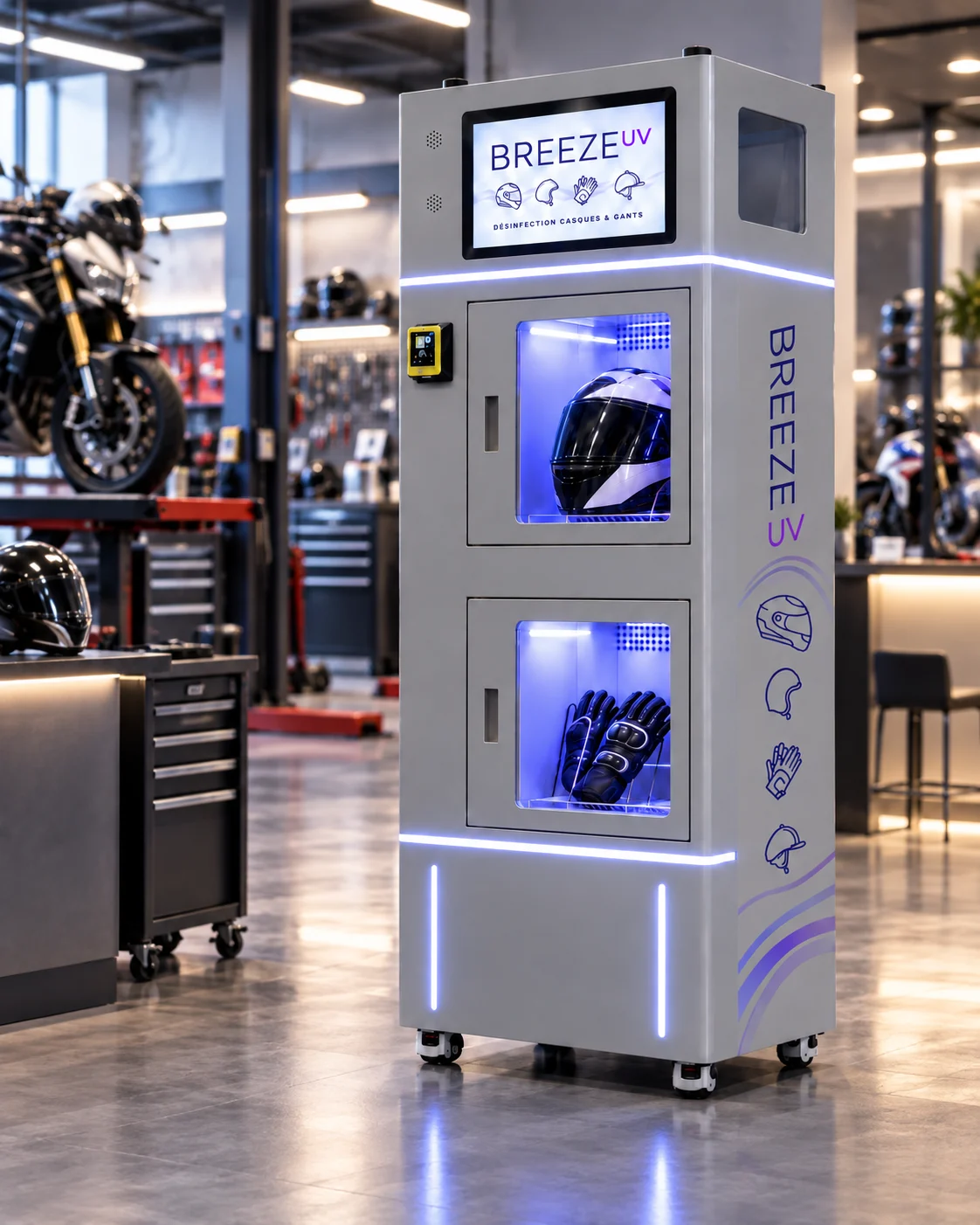 Borne BREEZE dans un garage moto