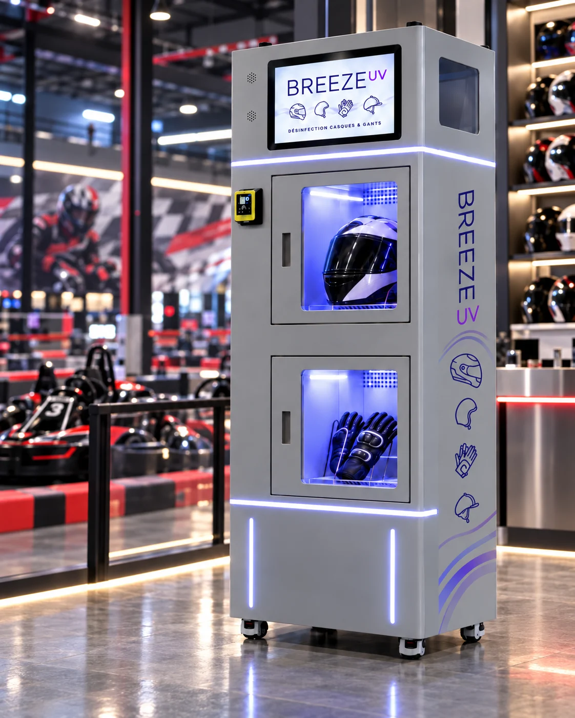 Borne BREEZE dans un environnement de karting